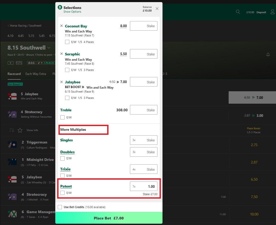 a bet365 bet slip with 3 horse selections and the patent bet option highlighted